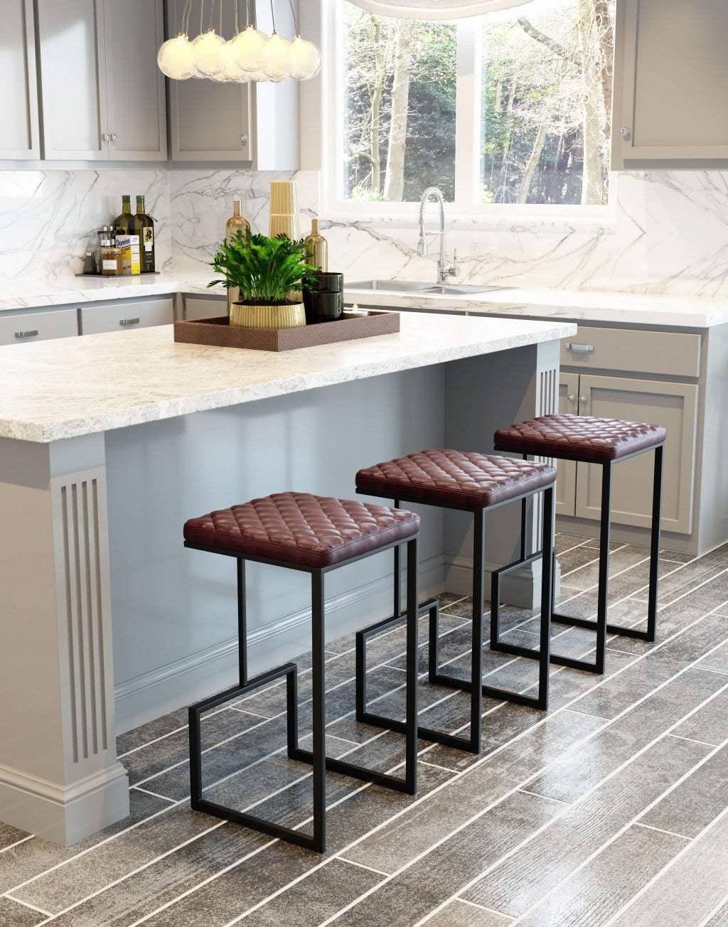 30" Brown And Black Steel Backless Bar Height Chair With Footrest