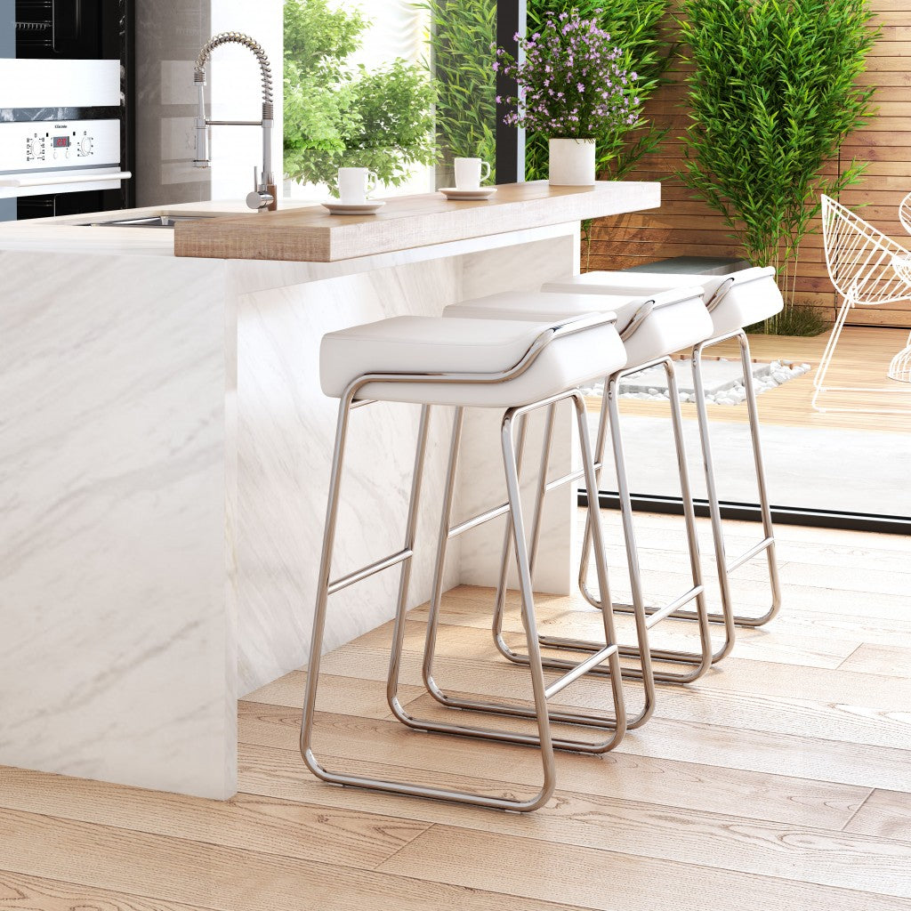 Set Of Two 33" White Steel Backless Chairs With Footrest