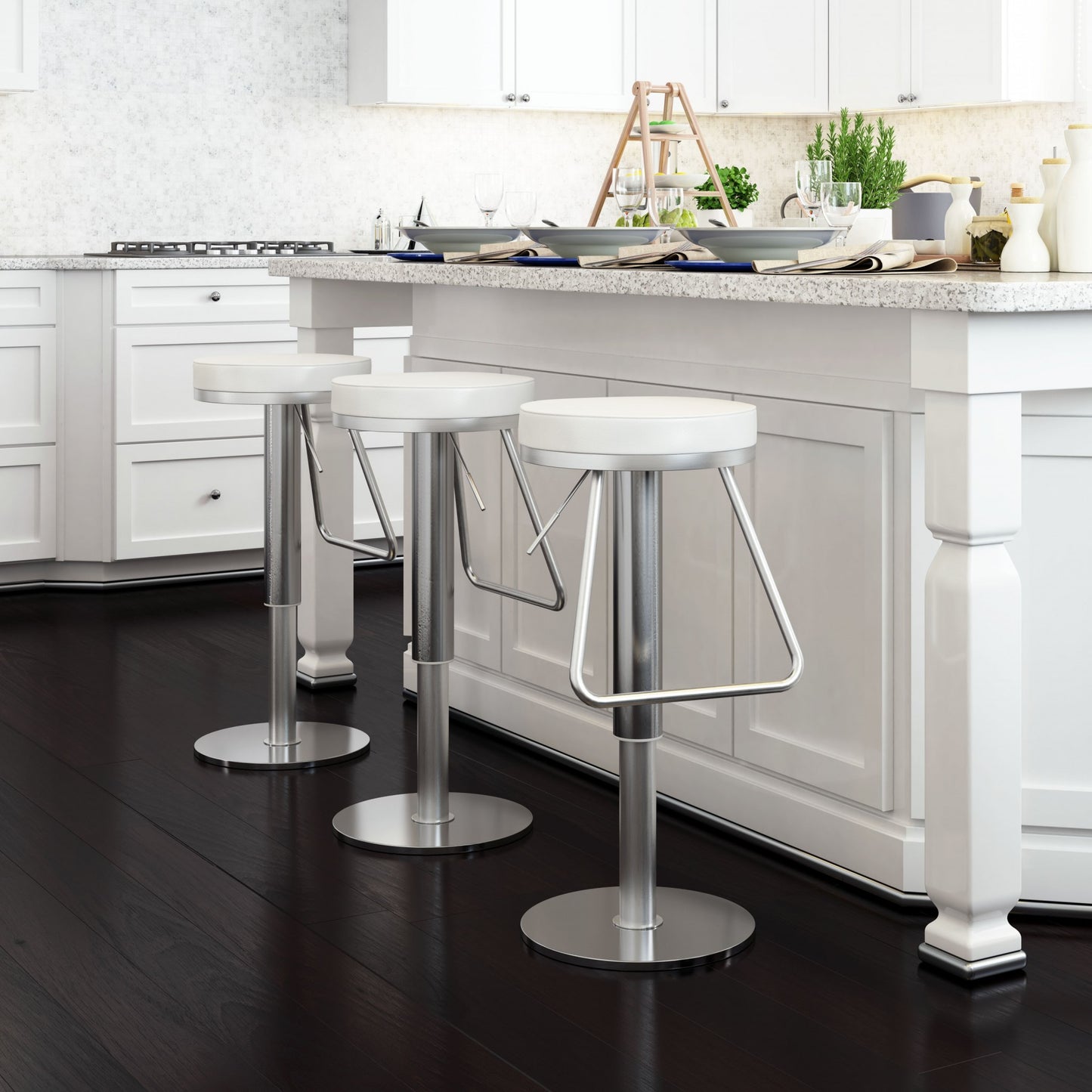22" White And Silver Steel Swivel Backless Bar Height Chair With Footrest