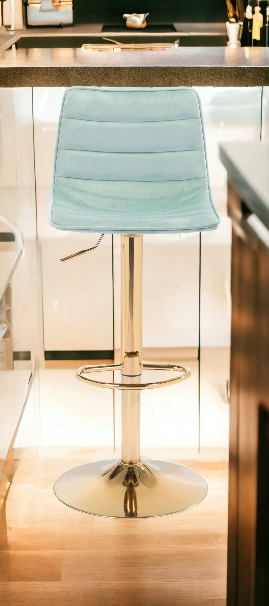 24" Light Green and Gold Steel Swivel Low Back Counter Height Bar Chair with Footrest