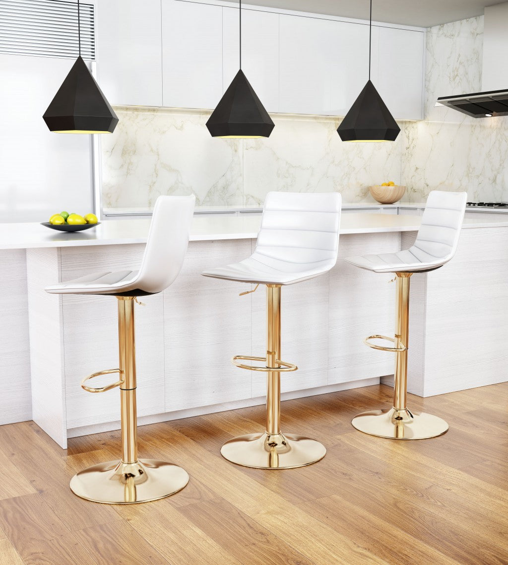 35" White And Gold Steel Swivel Low Back Counter Height Bar Chair With Footrest