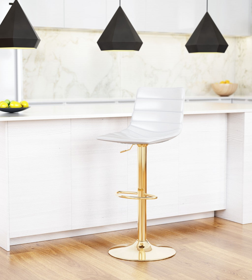 35" White And Gold Steel Swivel Low Back Counter Height Bar Chair With Footrest