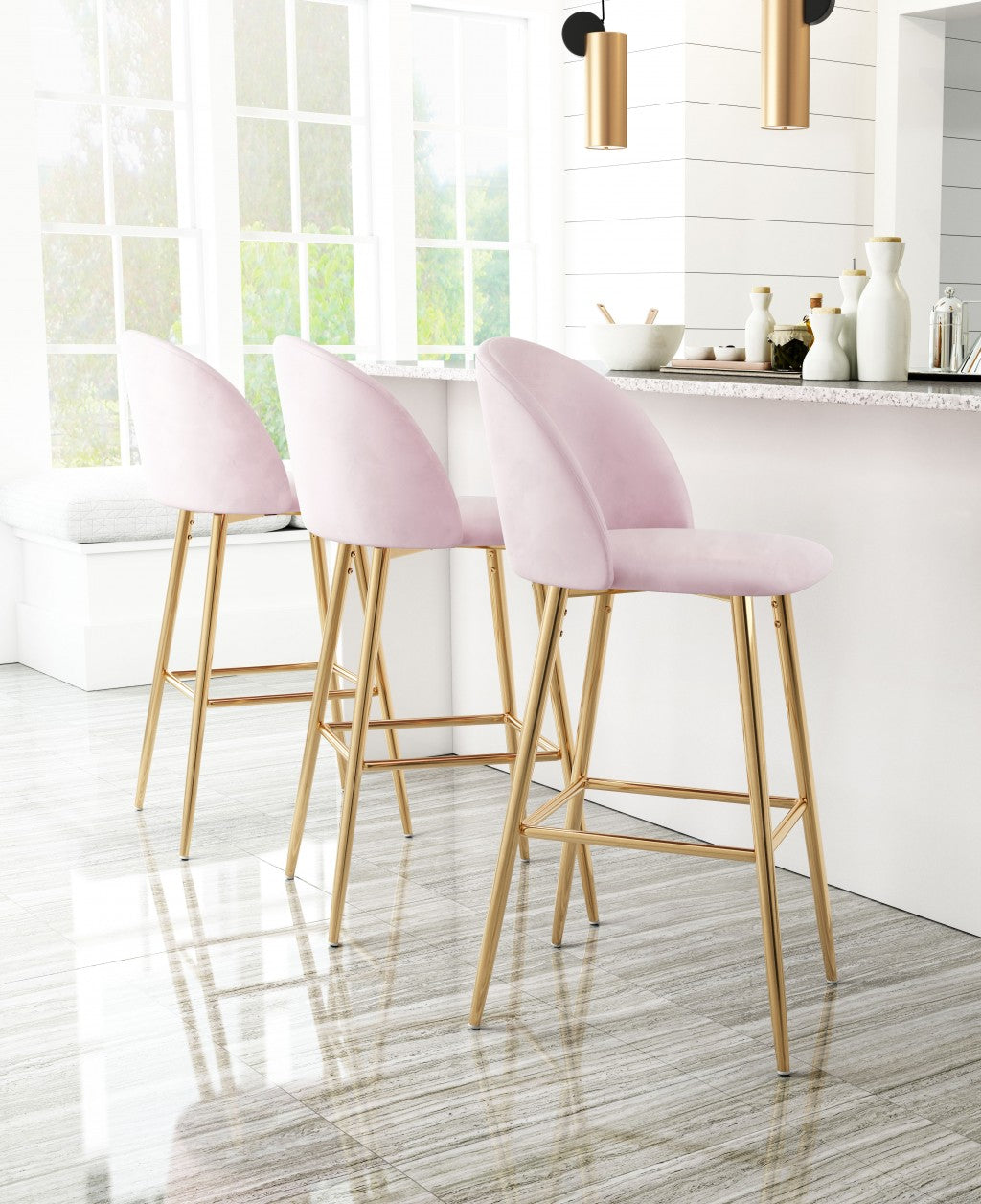 41" Pink And Gold Steel Low Back Bar Height Chair With Footrest