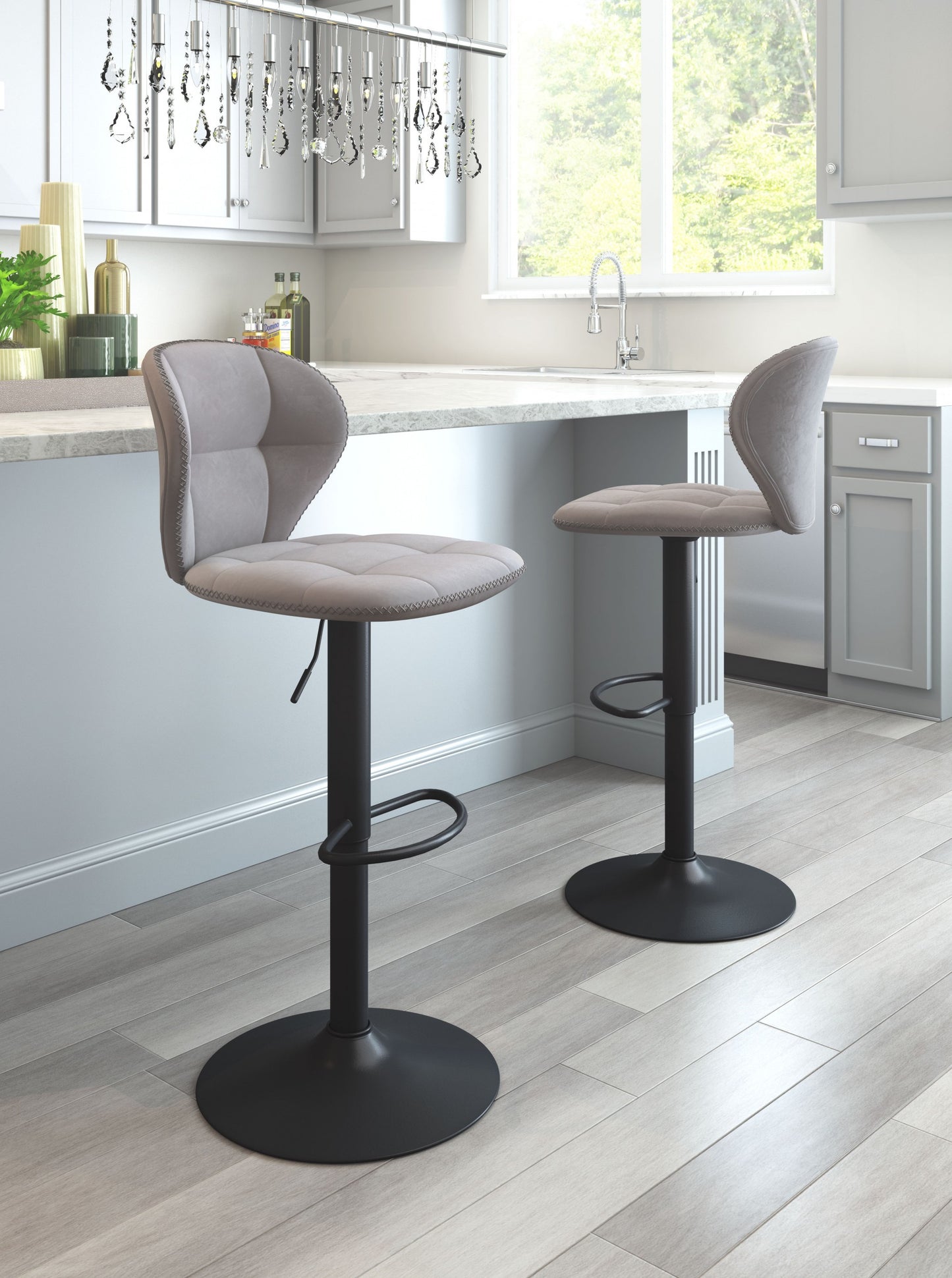 35" Gray And Black Steel Swivel Low Back Counter Height Bar Chair With Footrest