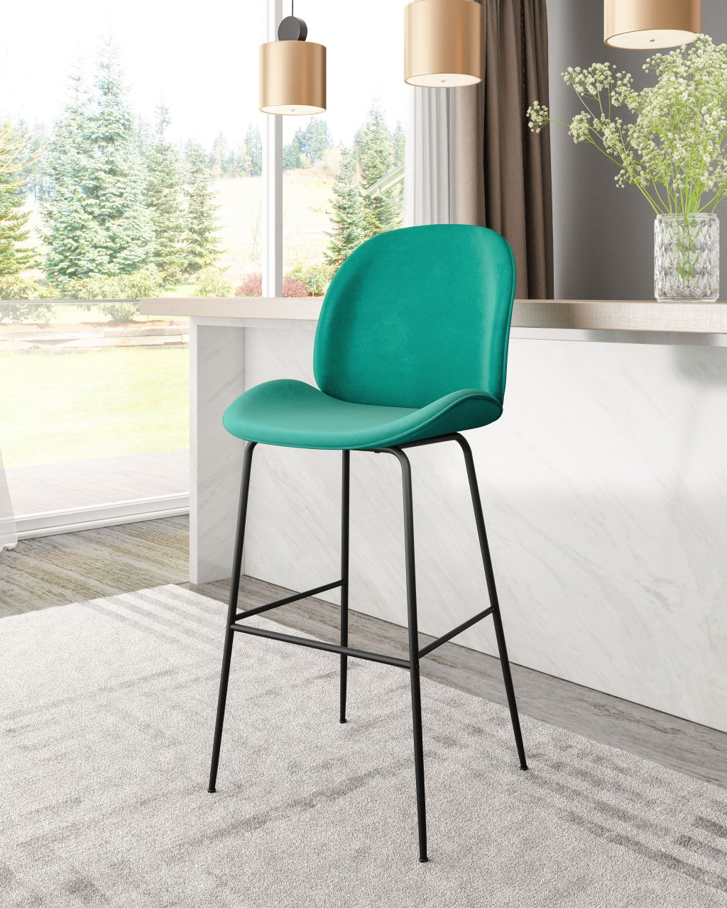 47" Green And Black Steel Low Back Bar Height Chair With Footrest