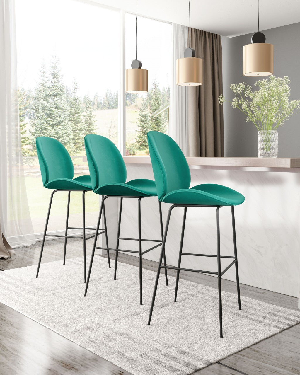 47" Green And Black Steel Low Back Bar Height Chair With Footrest