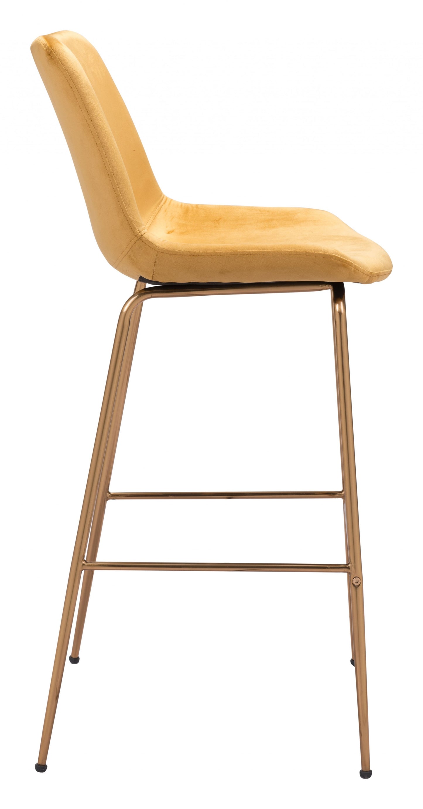 43" Yellow Velvet And Gold Steel Low Back Bar Height Chair With Footrest