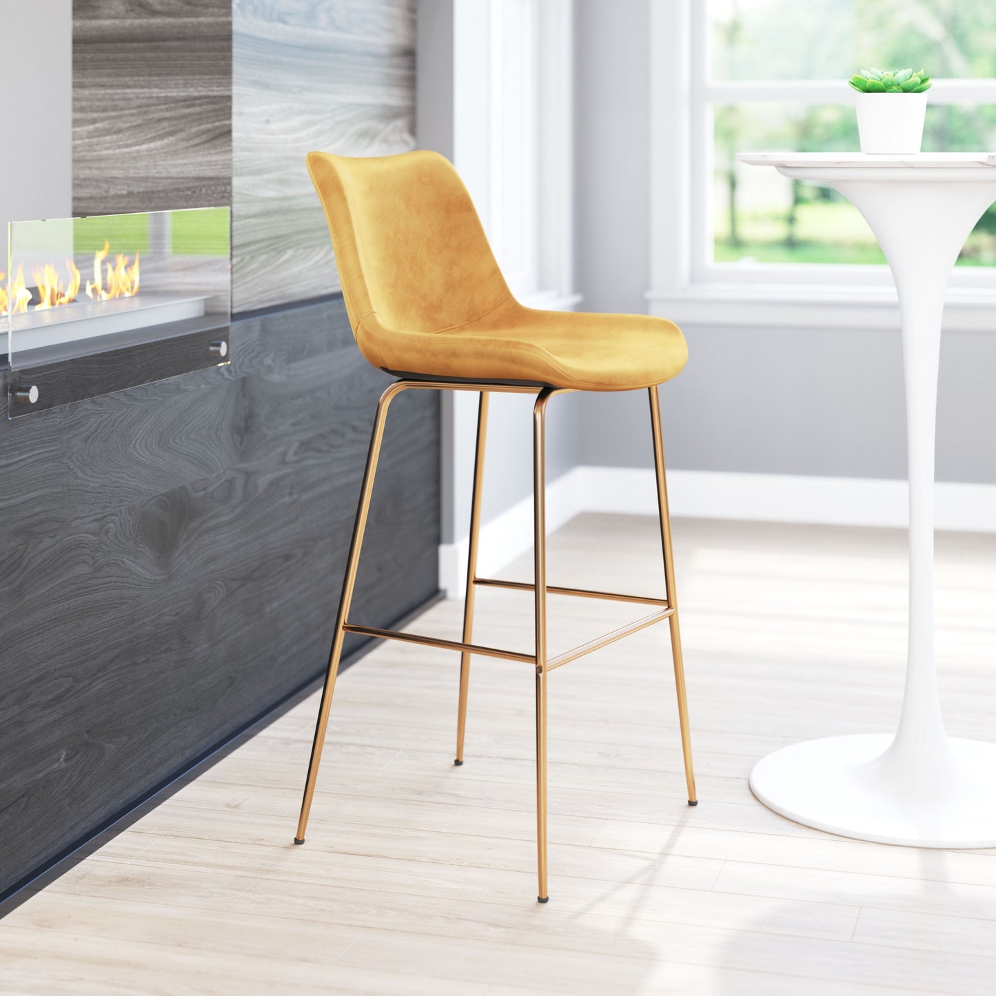 43" Yellow Velvet And Gold Steel Low Back Bar Height Chair With Footrest