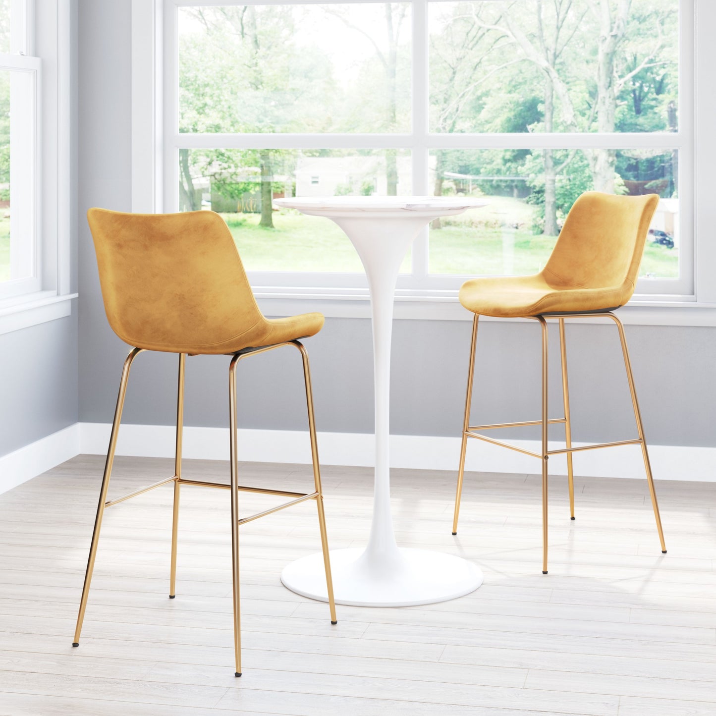 43" Yellow Velvet And Gold Steel Low Back Bar Height Chair With Footrest