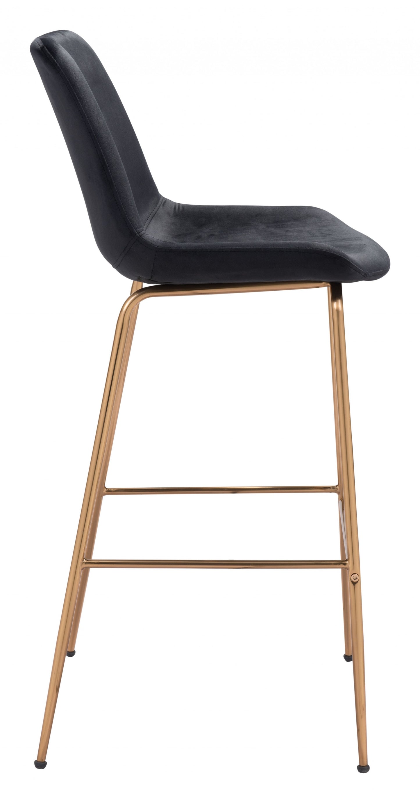 43" Black Velvet And Gold Bar Height Chair With Footrest