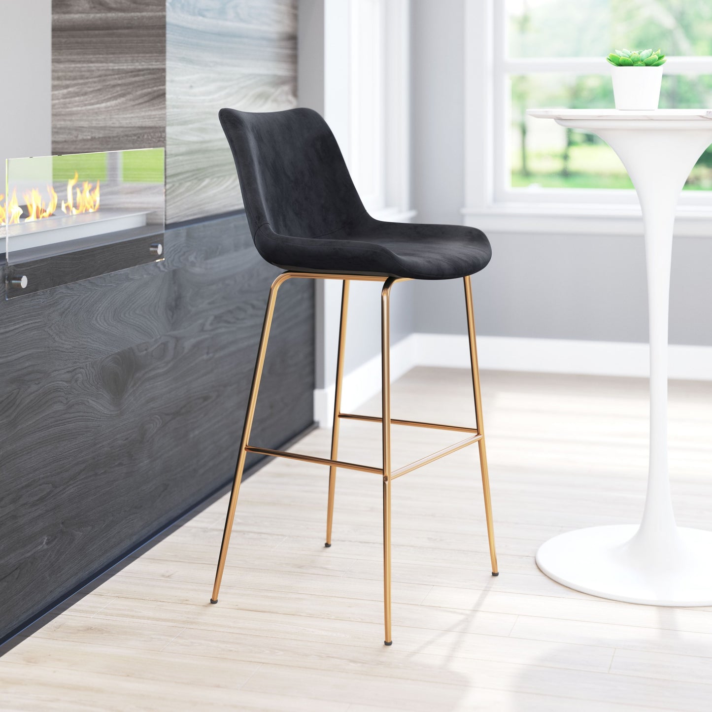 43" Black Velvet And Gold Bar Height Chair With Footrest