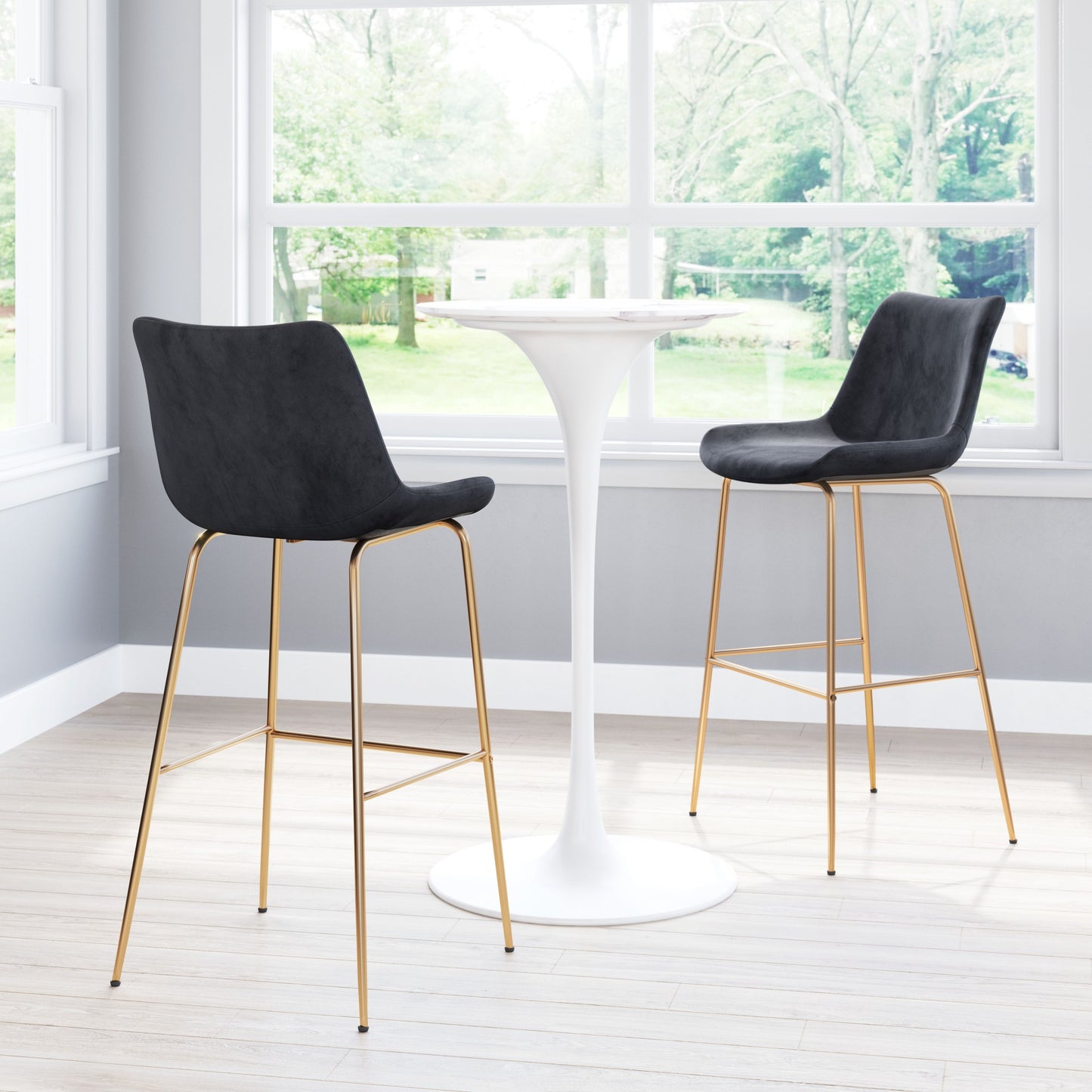 43" Black Velvet And Gold Bar Height Chair With Footrest