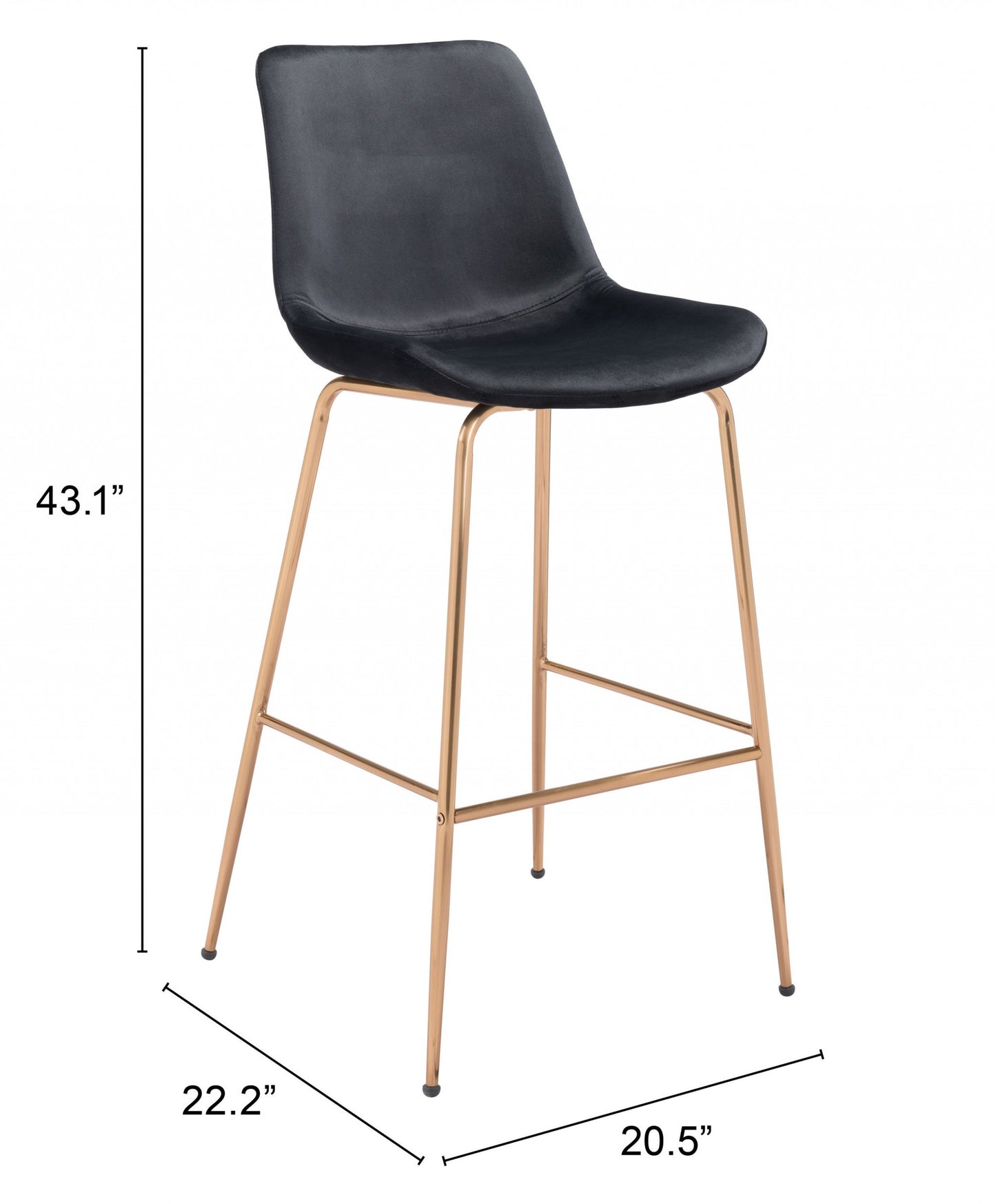 43" Black Velvet And Gold Bar Height Chair With Footrest