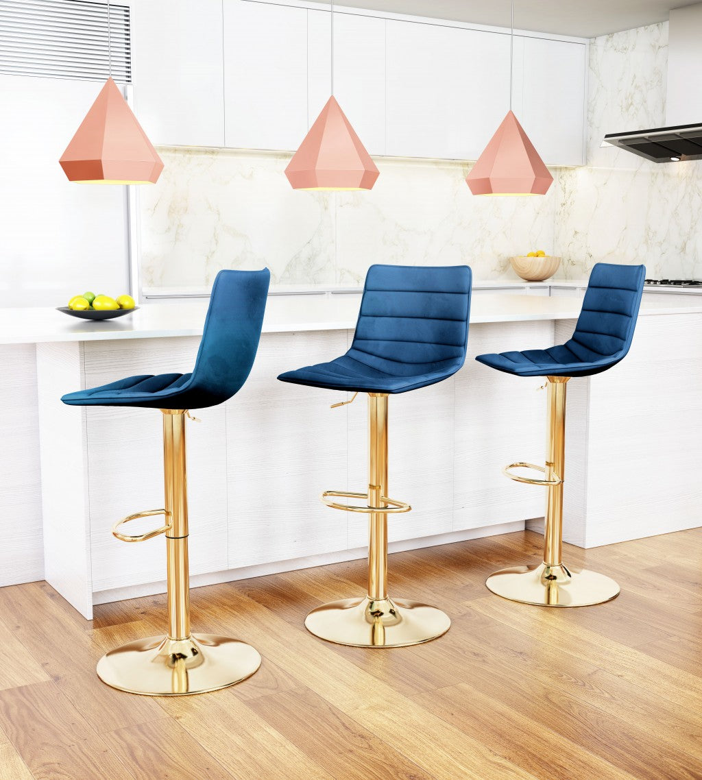 35" Dark Blue And Gold Steel Low Back Counter Height Bar Chair With Footrest