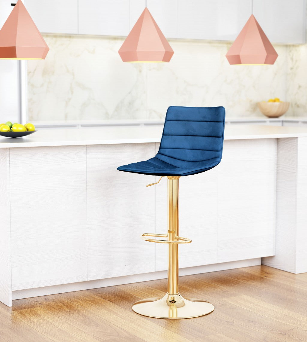 35" Dark Blue And Gold Steel Low Back Counter Height Bar Chair With Footrest