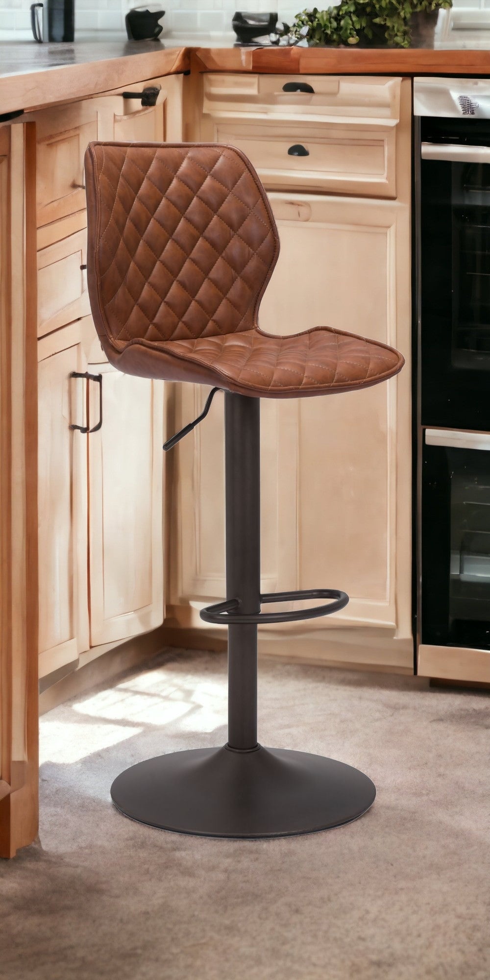 24" Brown And Black Faux Leather And Steel Swivel Counter Height Bar Chair With Footrest