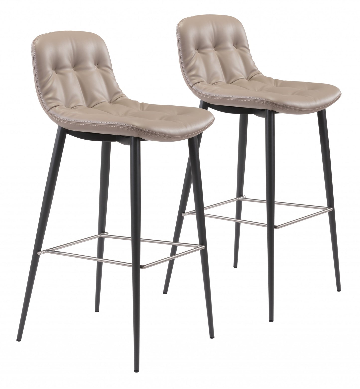 Set Of Two 40" Taupe Faux Leather and Black Bar Height Chairs