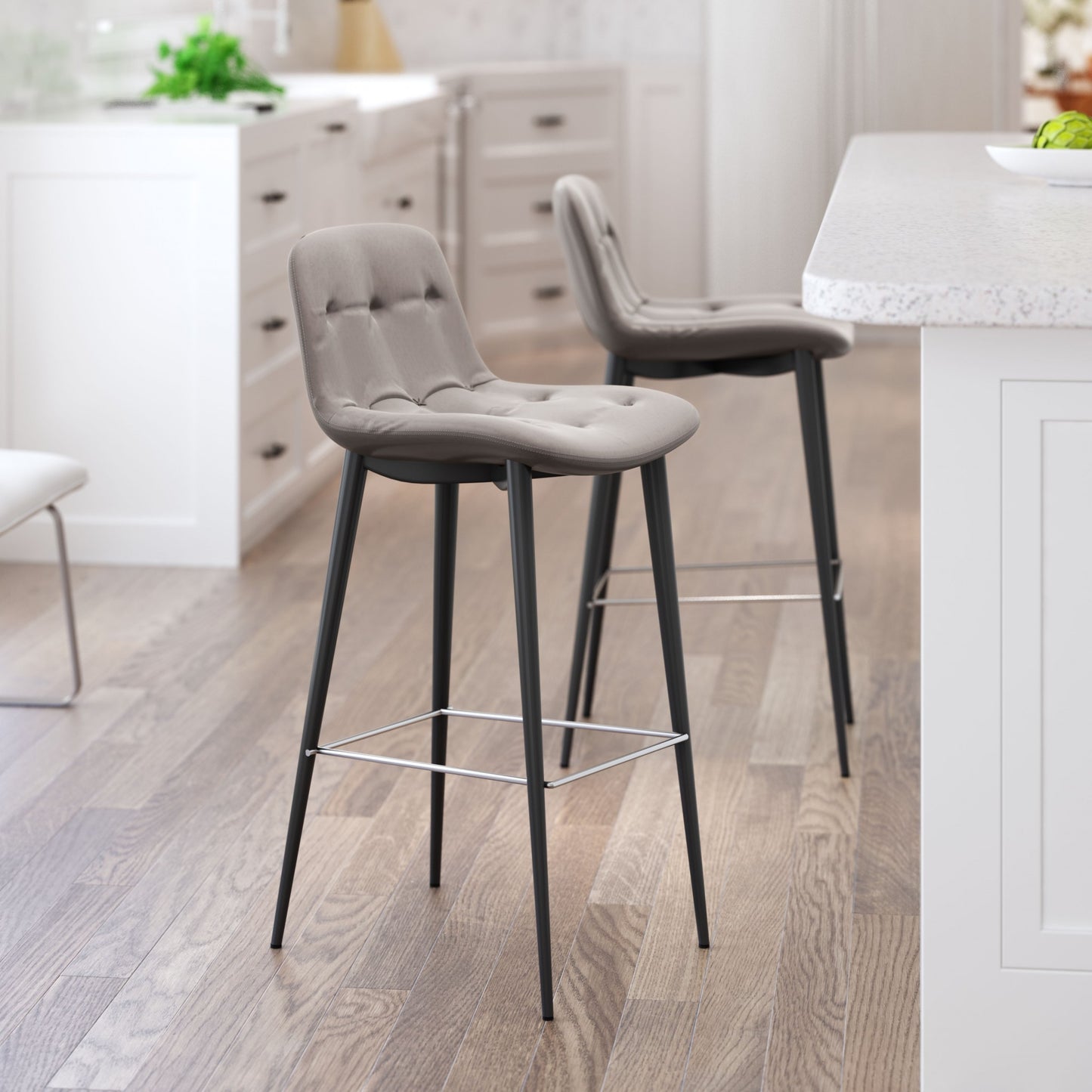 Set Of Two 40" Taupe Faux Leather and Black Bar Height Chairs