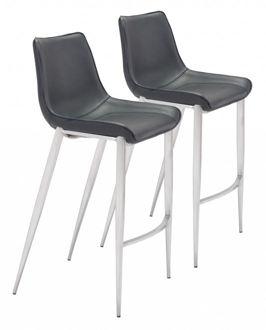 Set Of Two 43" Black And Silver Steel Low Back Bar Height Chairs With Footrest