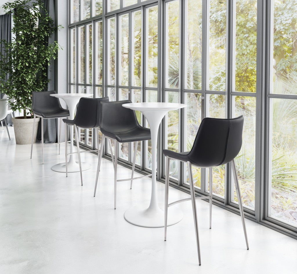 Set Of Two 43" Black And Silver Steel Low Back Bar Height Chairs With Footrest