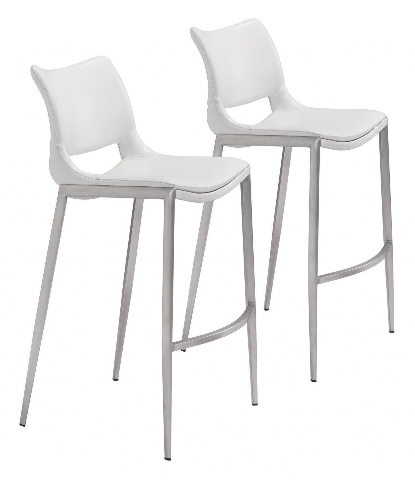 Set Of Two 41" White And Silver Steel Low Back Bar Height Chairs With Footrest