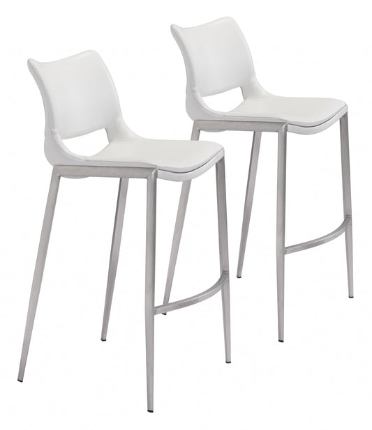 Set Of Two 41" White And Silver Steel Low Back Bar Height Chairs With Footrest