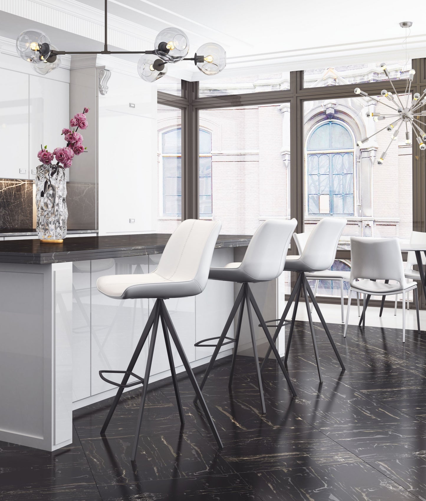Set Of Two 42" White And Black Steel Low Back Bar Height Chairs With Footrest