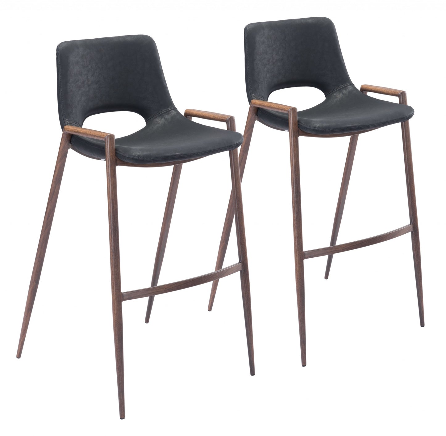 Set Of Two 39" Black And Brown Steel Low Back Bar Height Chairs With Footrest