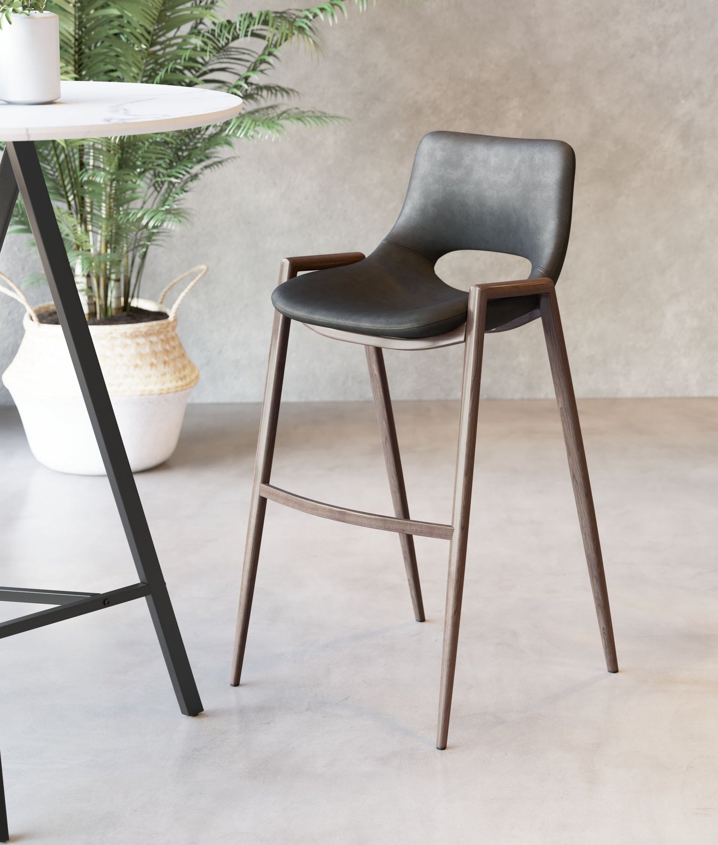 Set Of Two 39" Black And Brown Steel Low Back Bar Height Chairs With Footrest