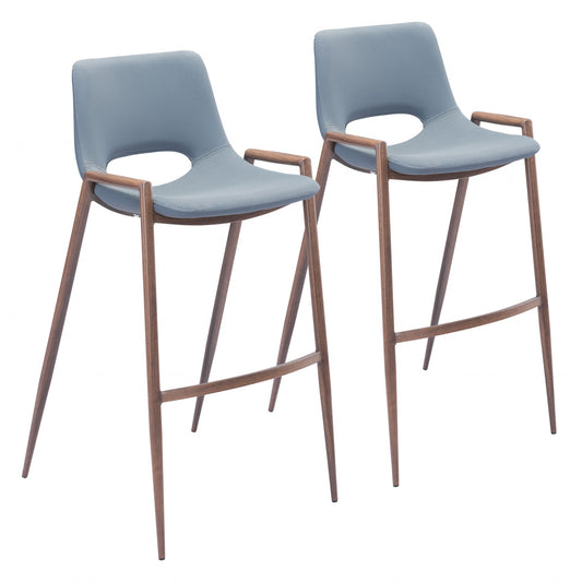 Set Of Two 39" Gray And Brown Steel Low Back Bar Height Chairs With Footrest