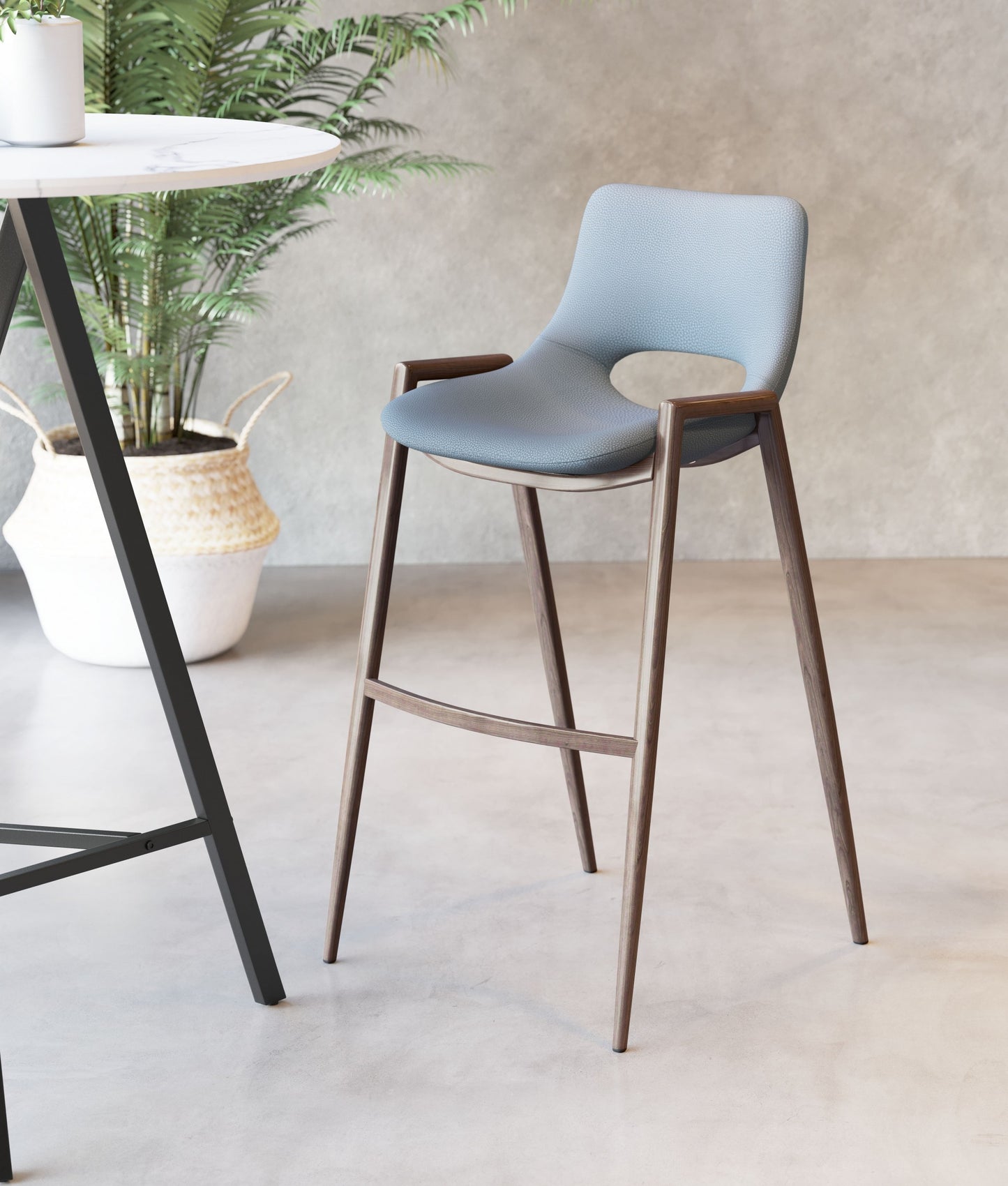 Set Of Two 39" Gray And Brown Steel Low Back Bar Height Chairs With Footrest