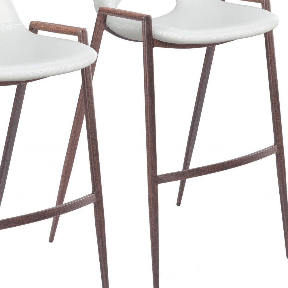 Set Of Two 39" White And Brown Steel Low Back Bar Height Chairs With Footrest
