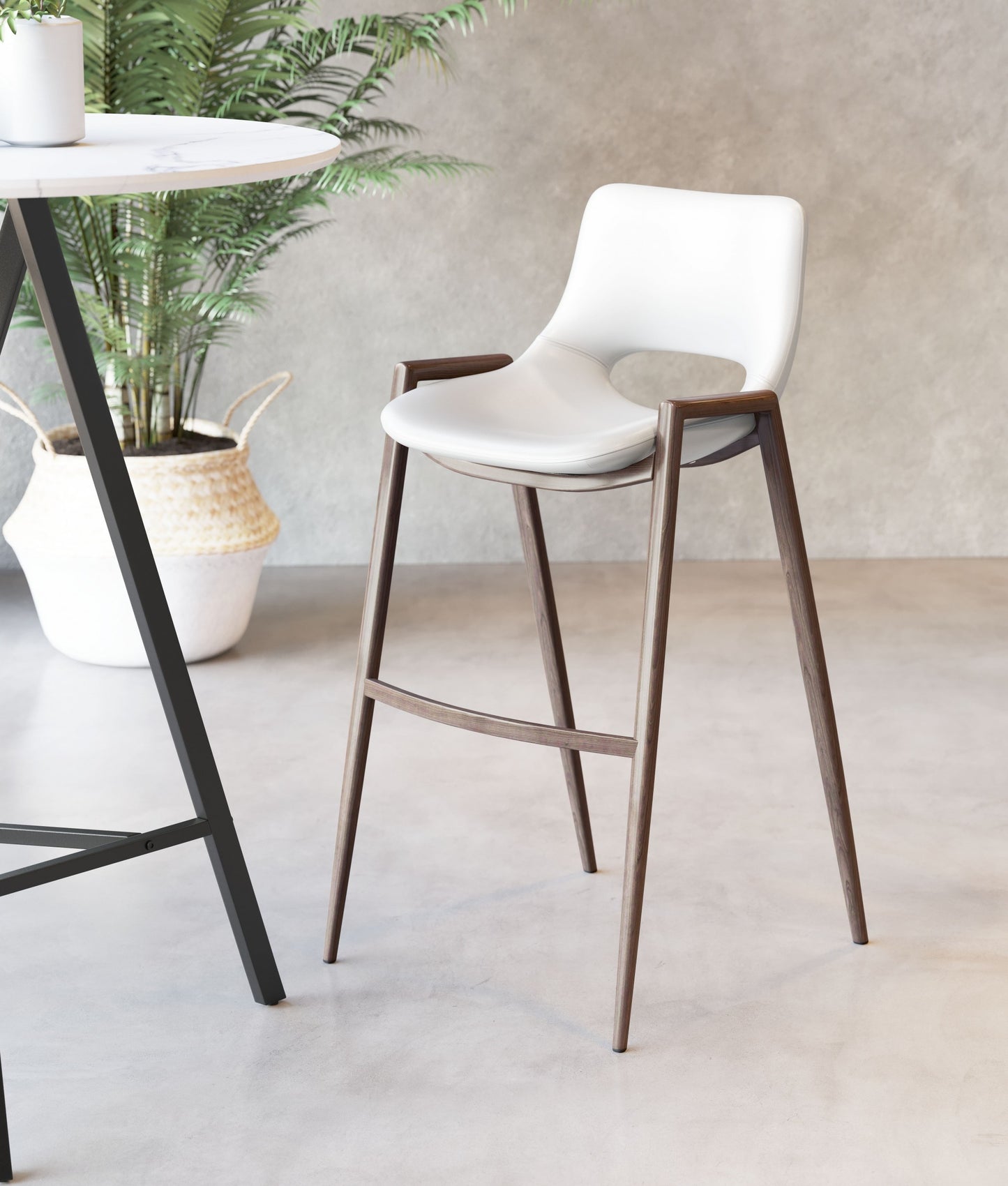 Set Of Two 39" White And Brown Steel Low Back Bar Height Chairs With Footrest