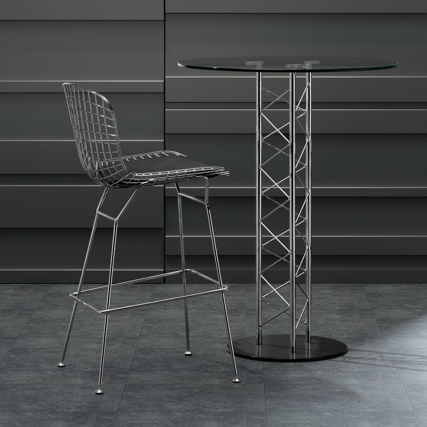 Set Of Two 40" Chrome Contemporary Wire Bar Chairs With Footrest