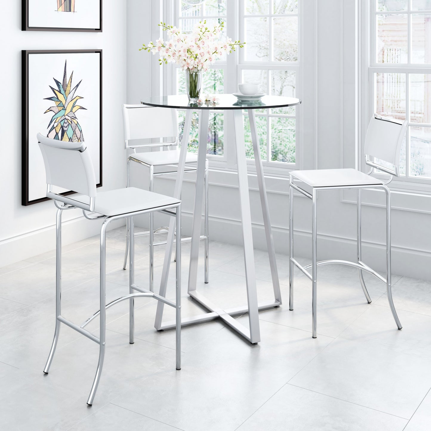 Set Of Two 38" White Steel Low Back Chairs With Footrest
