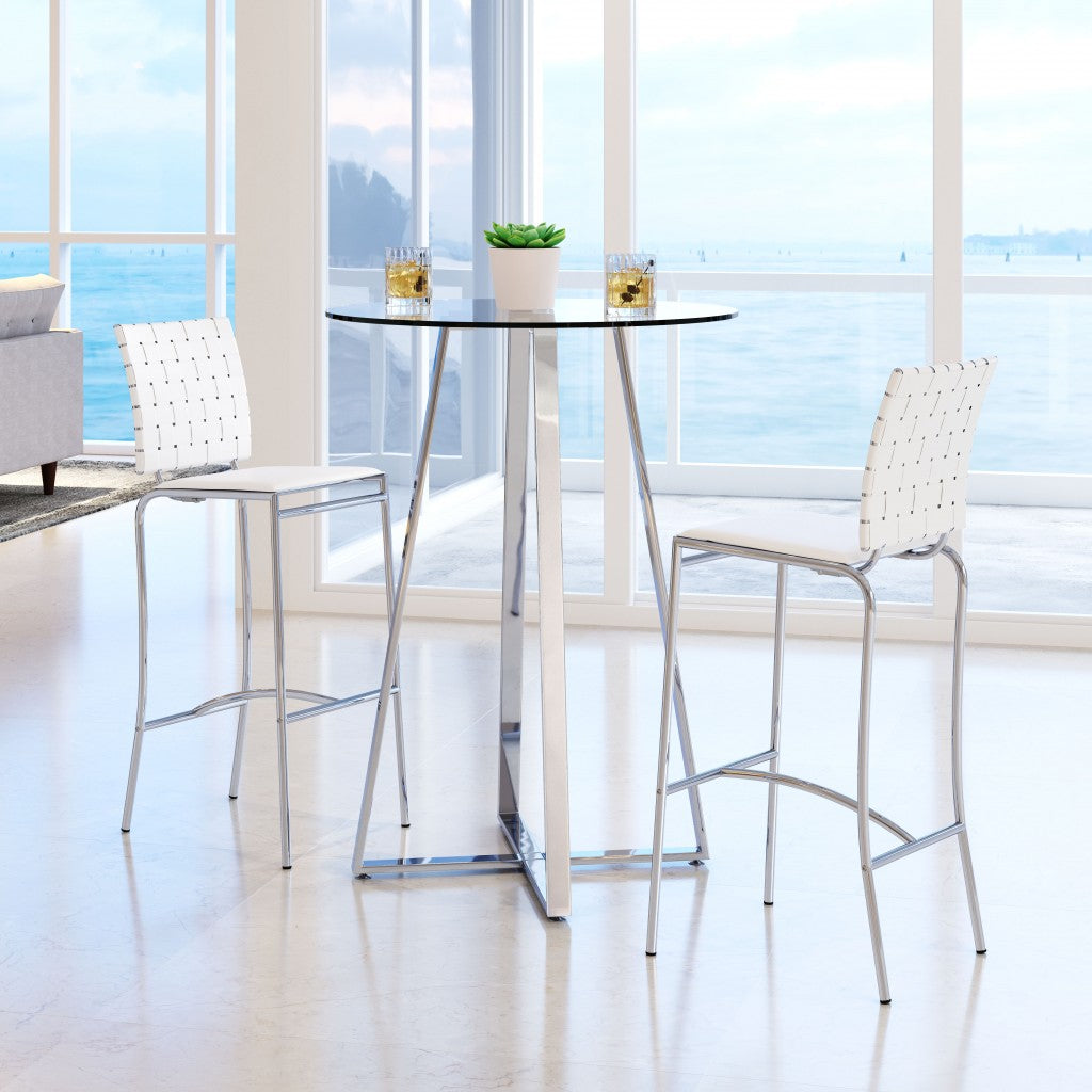 Set Of Two 41" White And Silver Steel Low Back Bar Height Chairs With Footrest