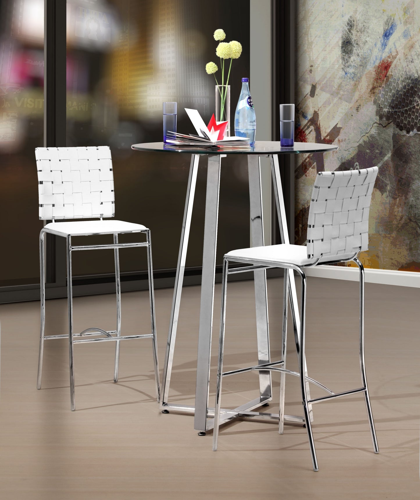 Set Of Two 41" White And Silver Steel Low Back Bar Height Chairs With Footrest
