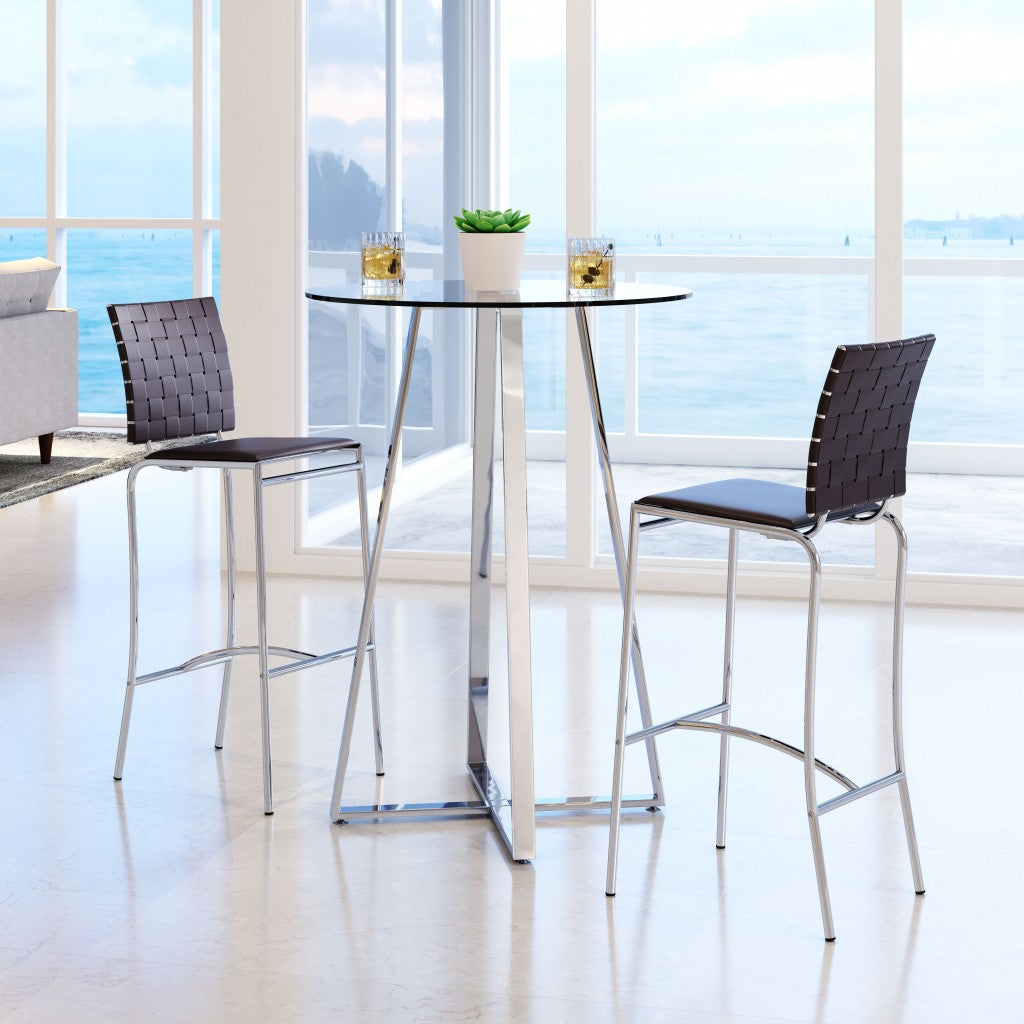 Set Of Two 41" Black And Silver Steel Low Back Bar Height Chairs With Footrest