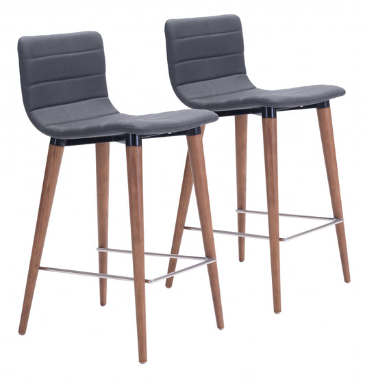 Set Of Two 34" Gray And Brown Solid Wood Low Back Counter Height Bar Chairs With Footrest
