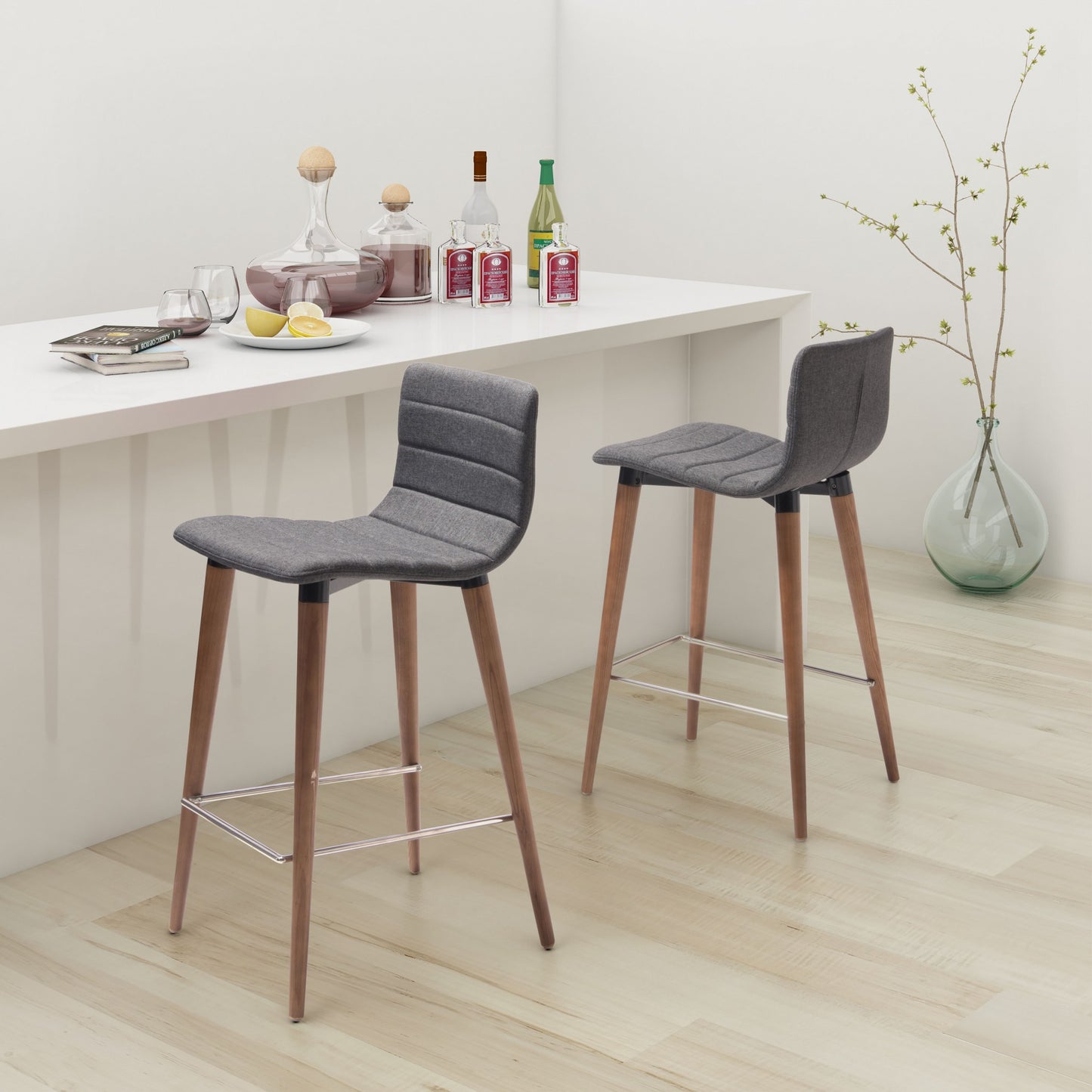 Set Of Two 34" Gray And Brown Solid Wood Low Back Counter Height Bar Chairs With Footrest