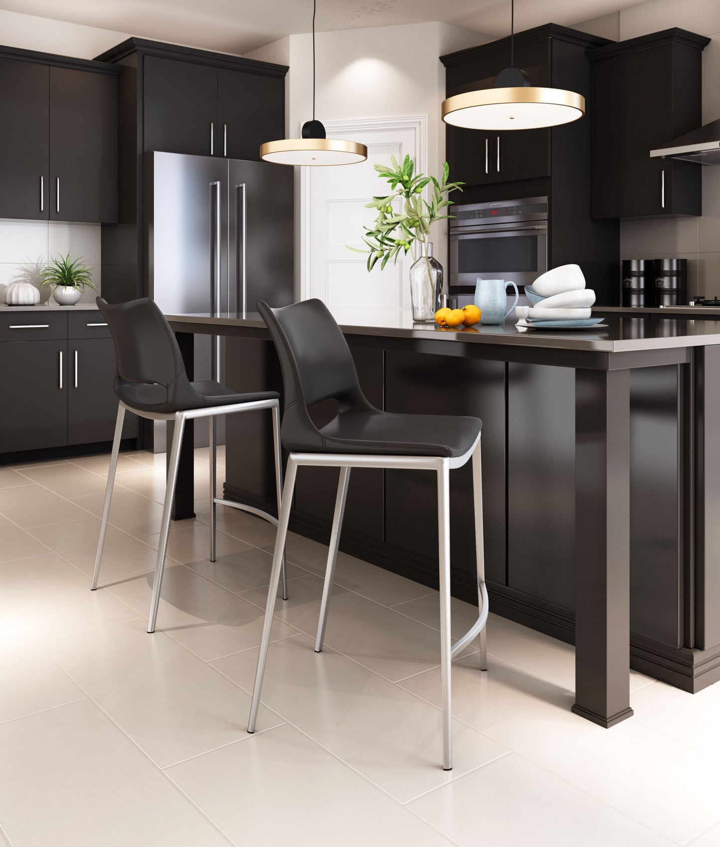 Set Of Two 37" Black And Silver Steel Low Back Counter Height Bar Chairs With Footrest