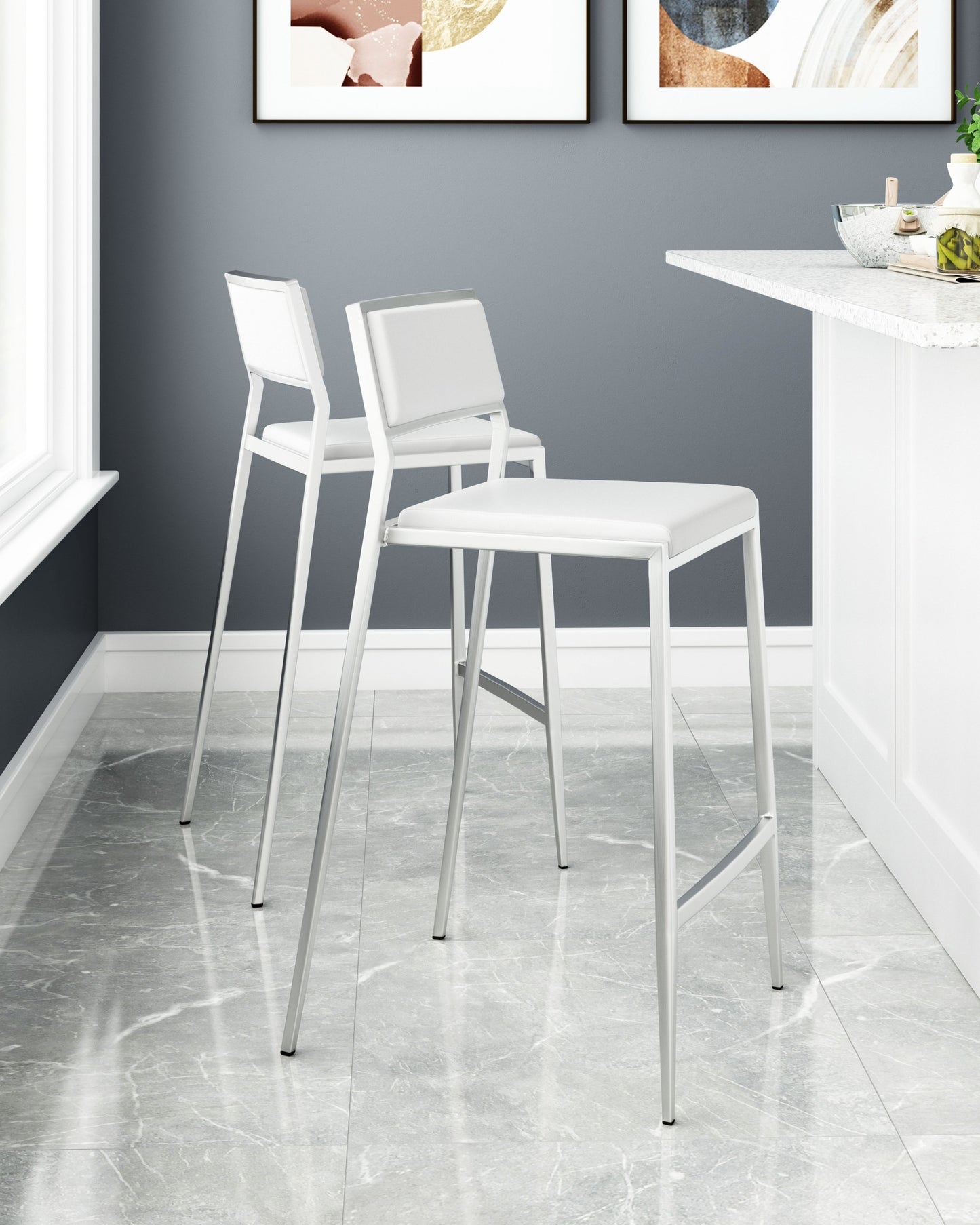 Set Of Two 36" White And Silver Low Back Counter Height Bar Chairs With Footrest