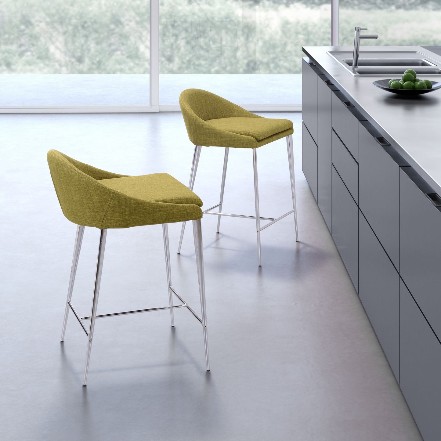 Set Of Two 30" Green and Steel Low Back Counter Height Bar Chairs