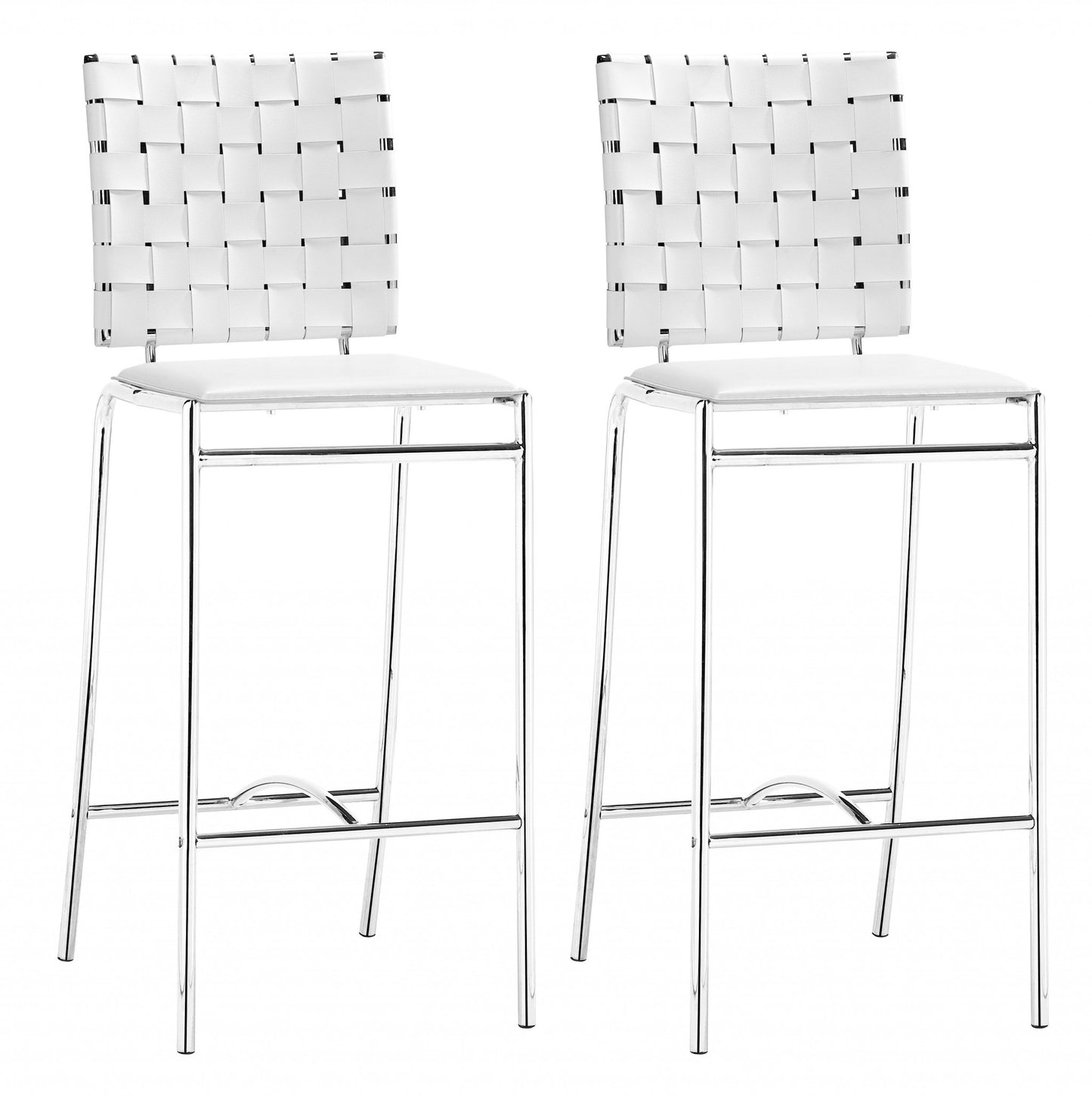 Set Of Two 39" White And Silver Low Back Counter Height Bar Chairs With Footrest