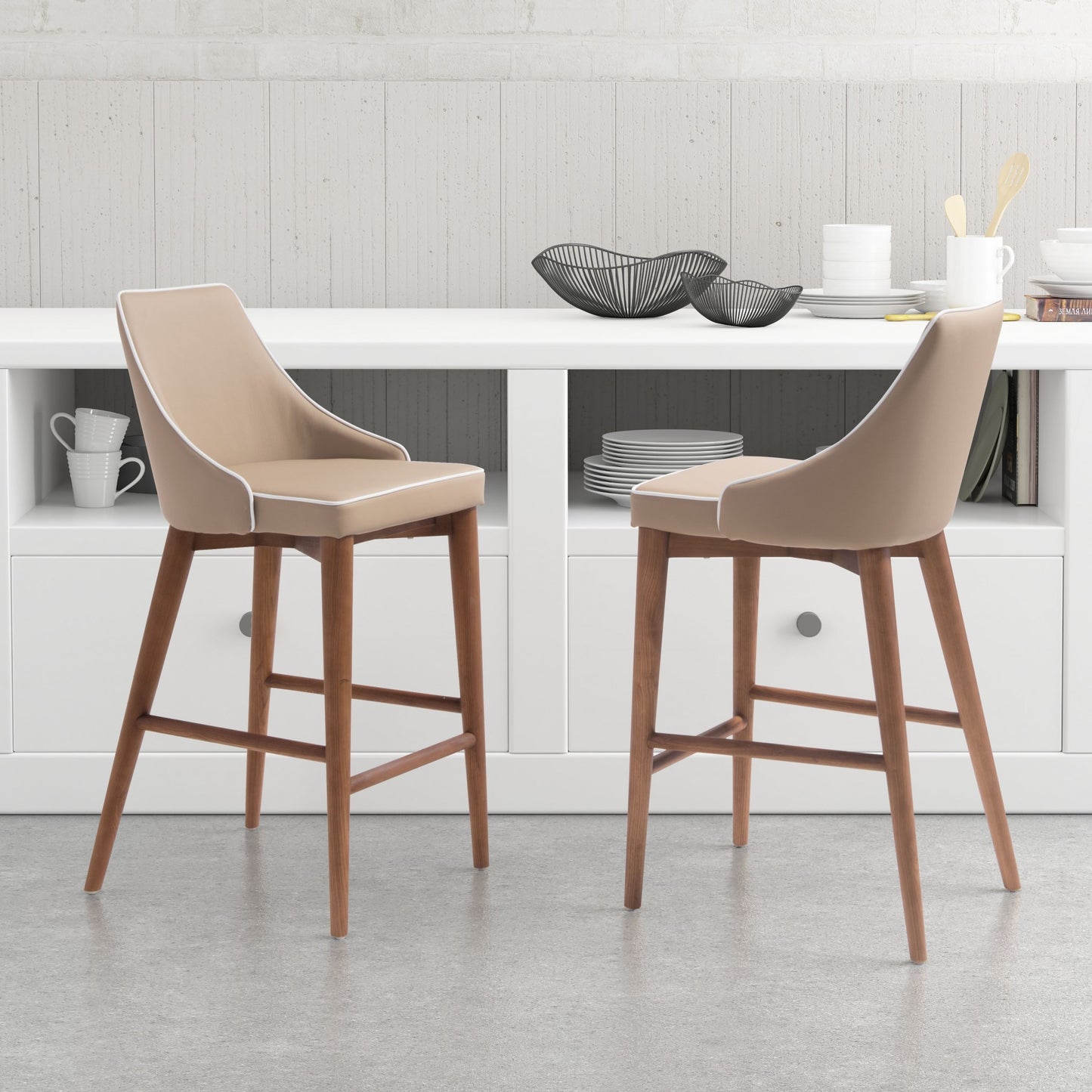 37" Beige And Brown Solid Wood Low Back Counter Height Bar Chair With Footrest