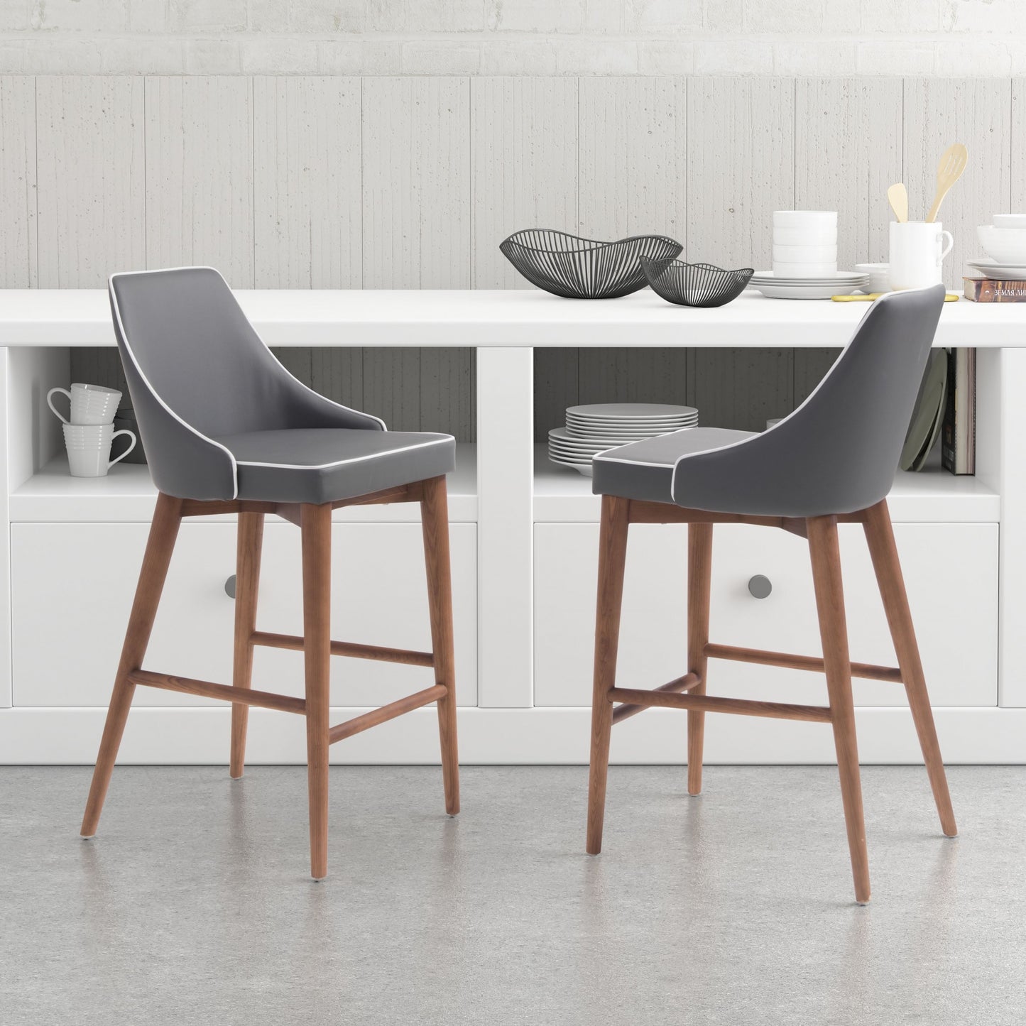 37" Gray And Brown Solid Wood Low Back Counter Height Bar Chair With Footrest
