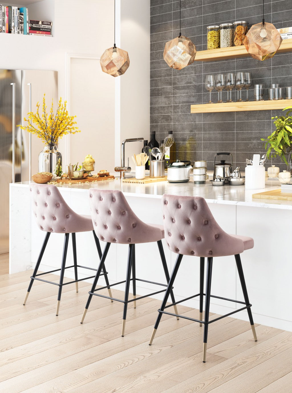 36" Pink Tufted Velvet and Black Counter Height Bar Chair With Footrest