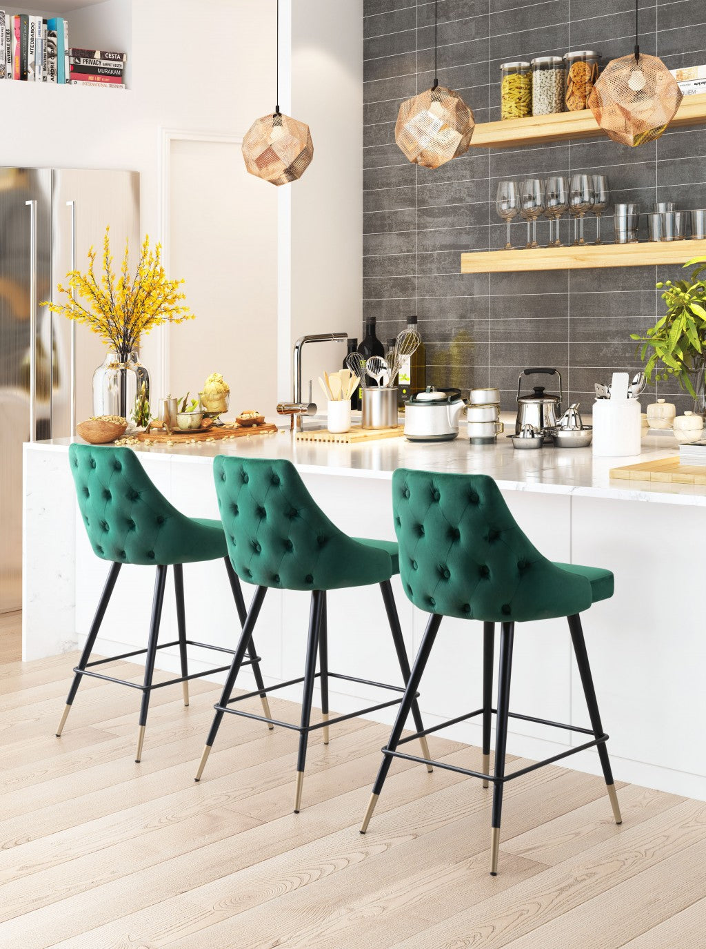 36" Green And Black Steel Low Back Counter Height Bar Chair With Footrest