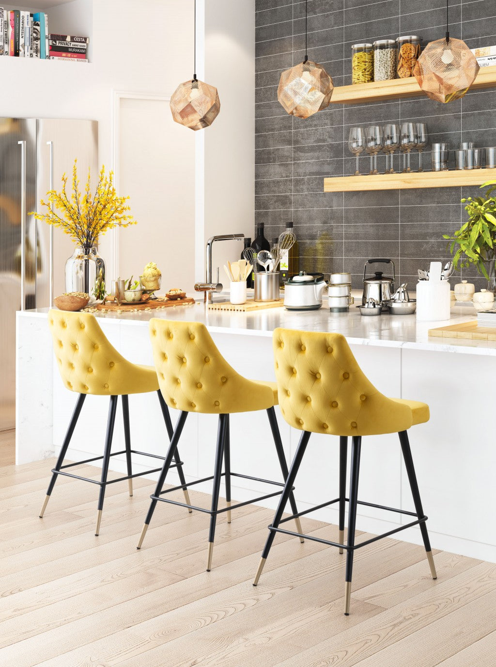 36" Yellow And Black Steel Low Back Counter Height Bar Chair With Footrest