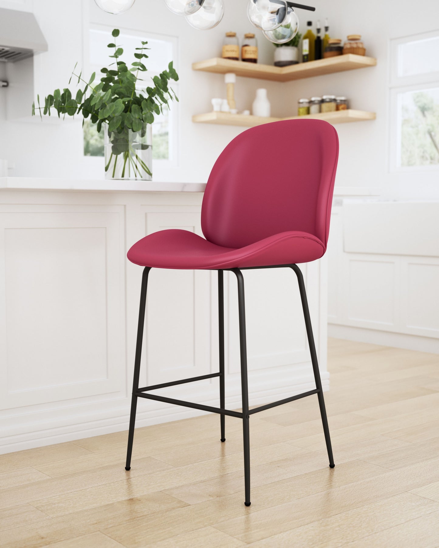 42" Red And Black Steel Low Back Counter Height Bar Chair With Footrest